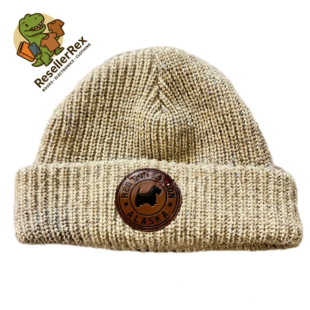 Red‎ Dog Saloon Beanie Women One Size Tan Excellent Alaska Leather Patch Ribbed